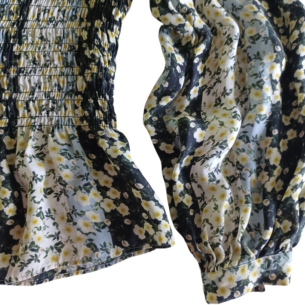 Parker Womens Silk Floral Smocked Peplum Blouse Black Daisy Balloon Sleeve Sz M - Picture 6 of 14